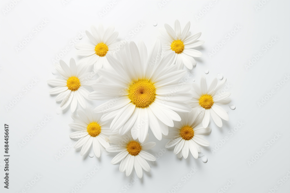 Chamomile daisy flowers on a white background, Minimal floral background, Lifestyle, spring, summer concept. Generative AI Chamomile daisy flowers on a white background, Minimal floral background, Lifestyle, spring, summer concept. Generative AI