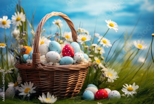 Artistic capture of a rustic basket cradling speckled Easter eggs amid white blooming daisies