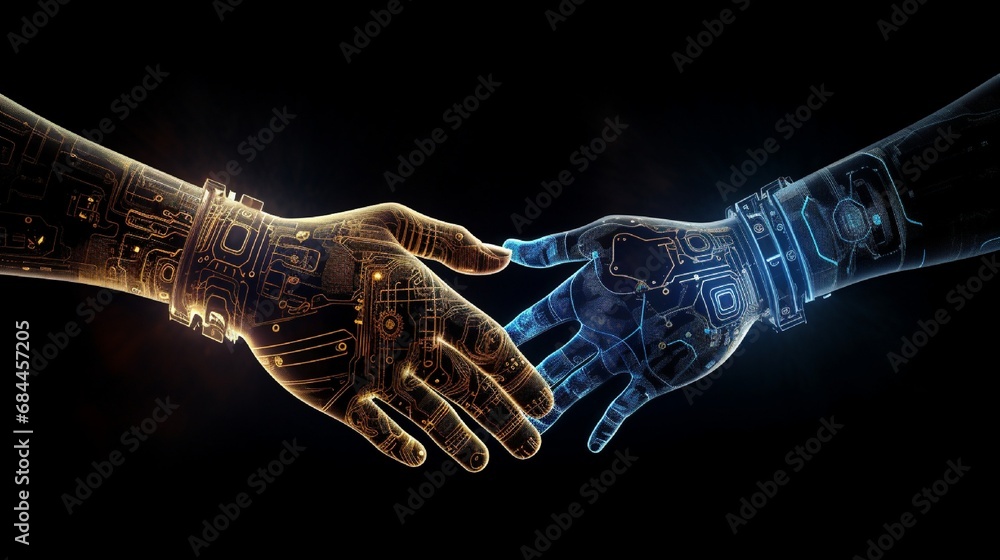 Neon-lit, futuristic handshake symbols overlaid with intricate technological patterns. - obrazy, fototapety, plakaty 