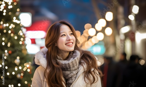 Asian woman on Christmas street, Generative AI © simba kim