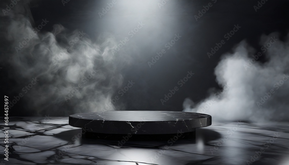 Contemporary Elegance: Black Marble Table Podium in a Dark and Smoky Space
