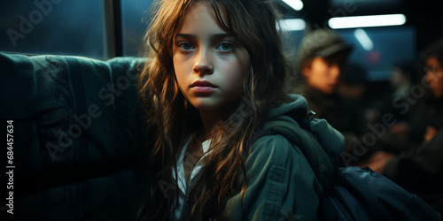 Hübsche Junges Mädchen im Zug mit schweren Depressionen Porträt Querformat, ai generativ