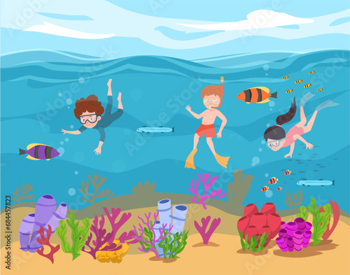 Snorkeling activity  vector children in diving mask swimming in sea observing fauna of coral reef  marine adventures