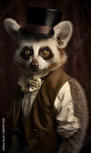 portrait of lemur dressed in Victorian era clothes, confident vintage fashion portrait of an anthropomorphic animal, posing with a charismatic human attitude