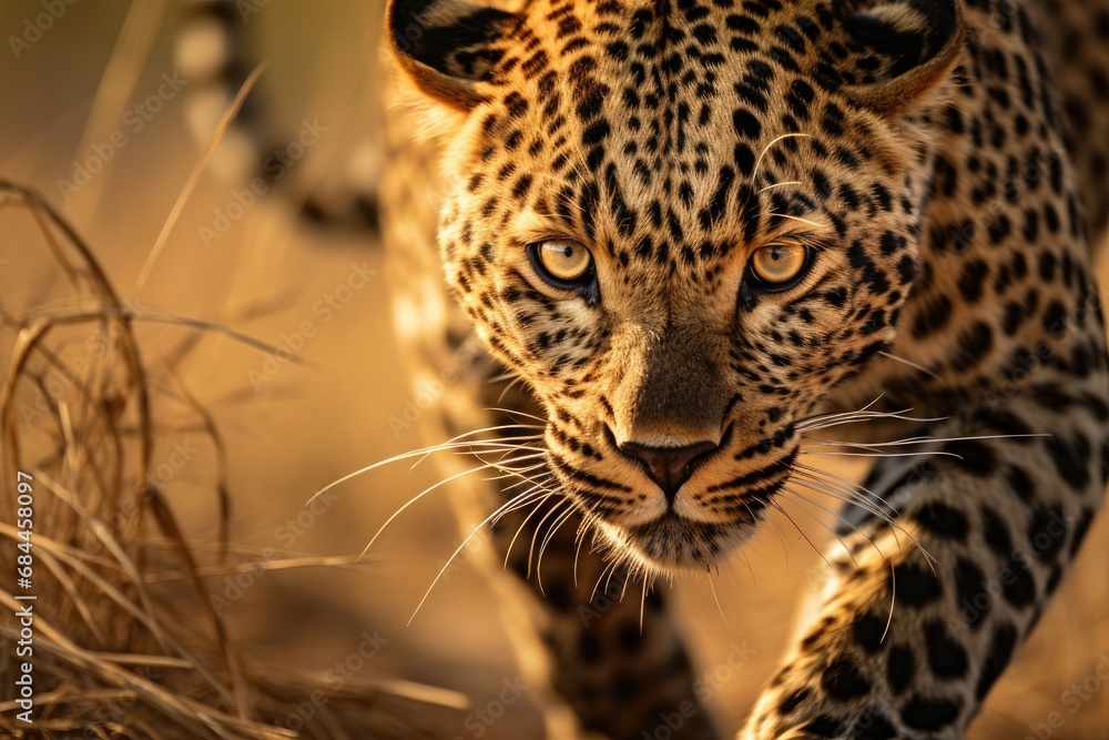 Leopard in the Kruger National Park, South Africa; Specie Panthera pardus family of Felidae, Close-up of a leopard stalking prey, AI Generated