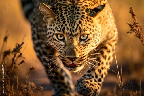 Leopard in the Okavango Delta - Moremi National Park in Botswana, Close-up of a leopard stalking prey, AI Generated
