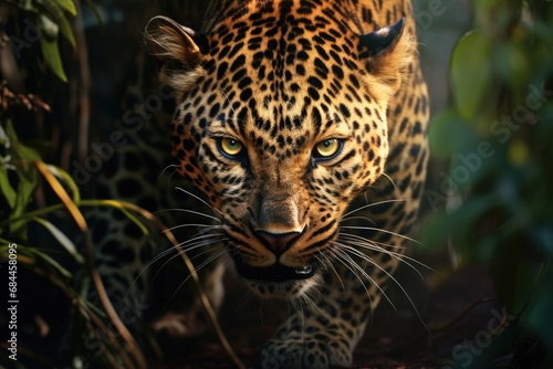 Leopard portrait in the jungle. Wildlife scene from tropics, Close-up of a leopard stalking prey, AI Generated © Ifti Digital
