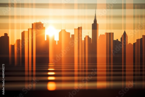The sun is setting behind a city skyline. Generative AI.