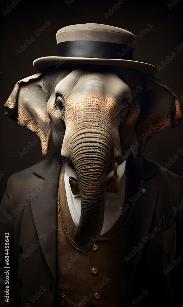portrait of elephant dressed in Victorian era clothes, confident vintage fashion portrait of an anthropomorphic animal, posing with a charismatic human attitude