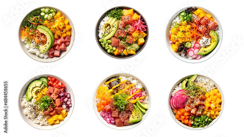 Collection of PNG. Hawaiian poke bowl tuna, salmon, shrimp with avocado, mango, radish, rice and other ingredients. Top view isolated on a transparent background. photo