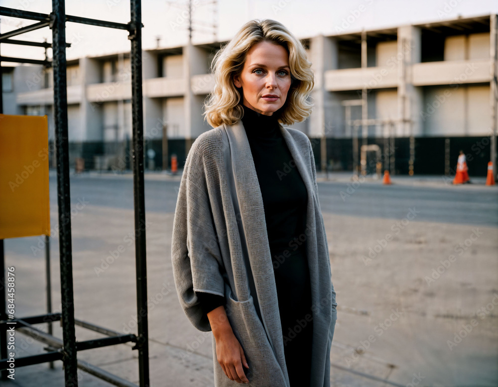 photo of middle aged woman with batwing-sleeve coat standing in front of under construction building, generative AI