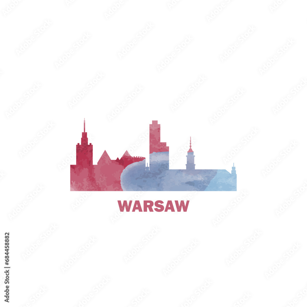 Warsaw watercolor cityscape skyline city panorama vector flat modern logo, icon. Poland capital emblem concept with landmarks and building silhouettes. Isolated graphic