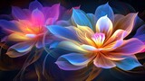 Prismatic 3D abstract flowers overlapping and intertwining, creating an enchanting symphony of light and color in a digital realm.
