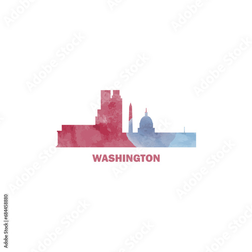 Washington D.C. city US watercolor cityscape skyline panorama vector flat modern logo icon. USA, capital of America emblem with landmarks and building silhouettes. Isolated graphic
