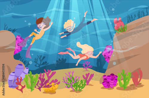 Snorkeling children with masks, tubes and flippers scene flat style