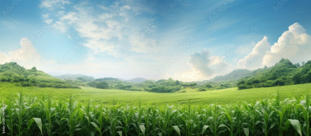 Fototapeta premium In the heart of the tropical summer, a farm stands tall with lush green fields, where the texture of the natural white corn sways in the breeze, contrasting against the black chalkboard announcing