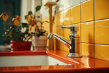 Kitchen tile design, close-up of faucet and sink on a sunny day