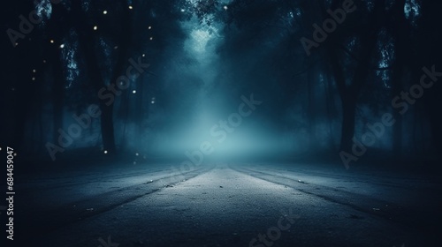 Fog In Spooky Forest At Moon Light On Asphalt - Abstract Bokeh with AI
