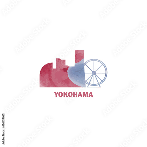 Yokohama watercolor cityscape skyline city panorama vector flat modern logo, icon. Japan megapolis emblem concept with landmarks and building silhouettes. Isolated graphic