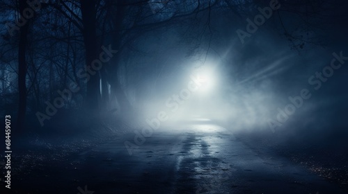 Fog In Spooky Forest At Moon Light On Asphalt - Abstract Bokeh with AI