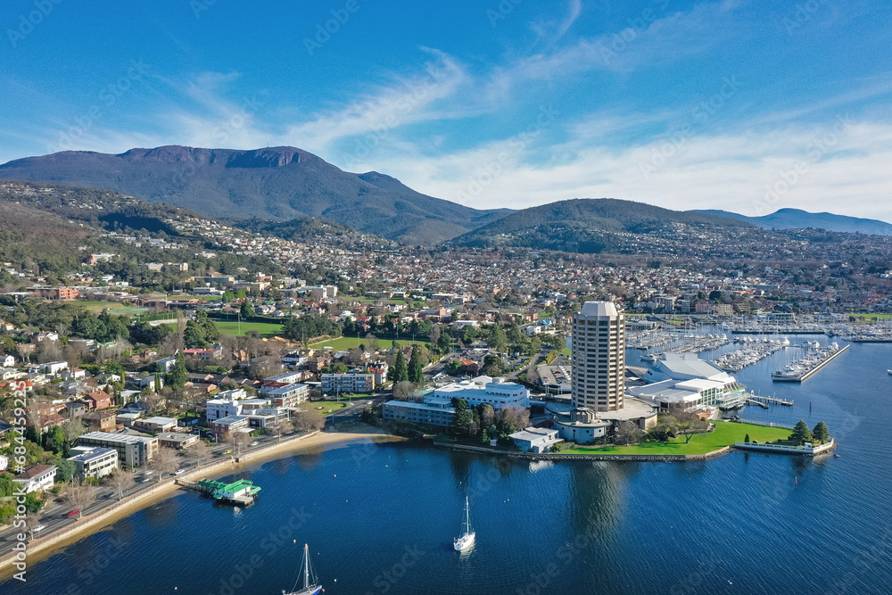 Aerial view of Hobart, showing the Derwent River, Casino and Mt Wellington in Tasmania, Australia
