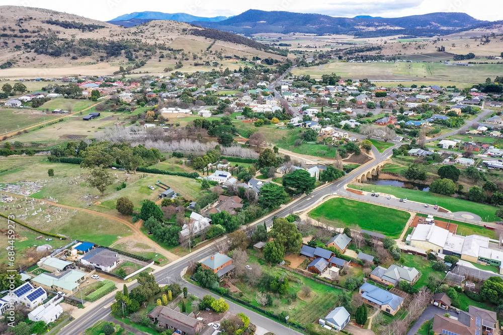 Aerial view of the historic village of Richmond near Hobart in Tasmania, Australia