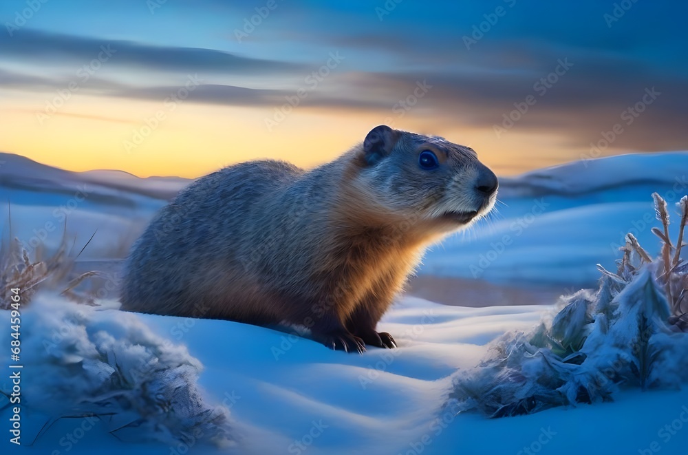 Obraz premium Groundhog in winter, Groundhog Day