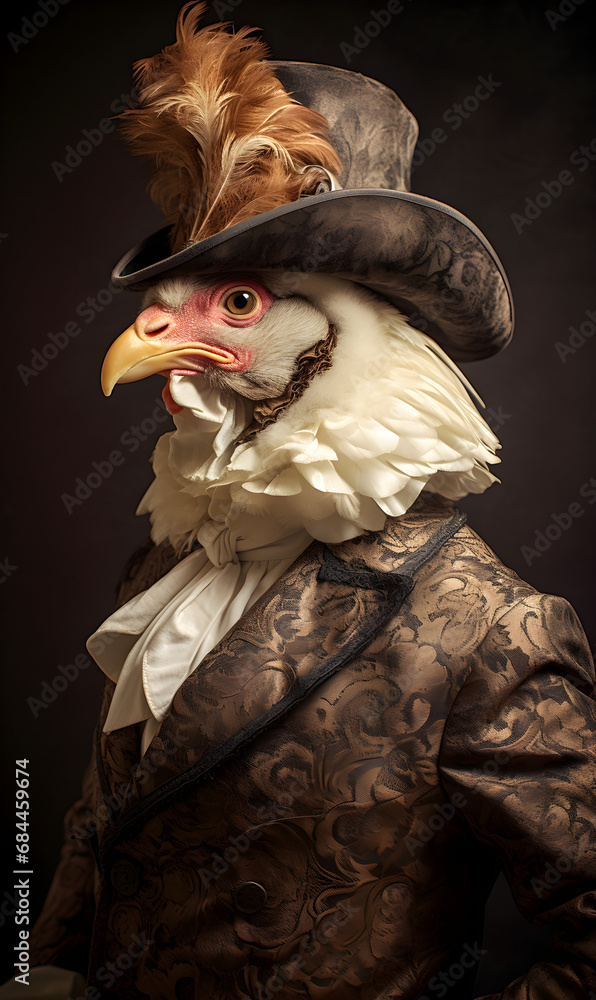 portrait of chicken dressed in Victorian era clothes, confident vintage fashion portrait of an anthropomorphic animal, posing with a charismatic human attitude