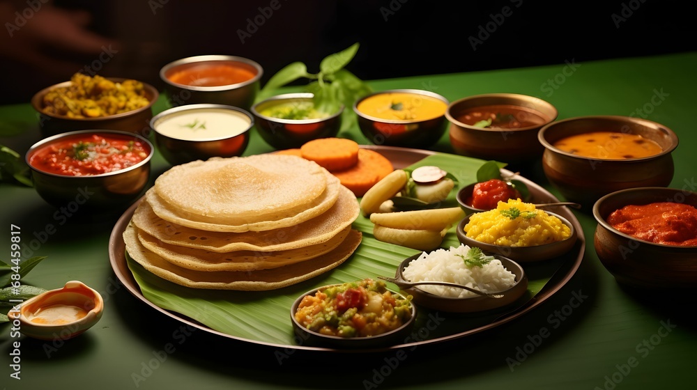 Group of South Indian food like Masala Dosa, Uttapam, Idli/idly, Wada