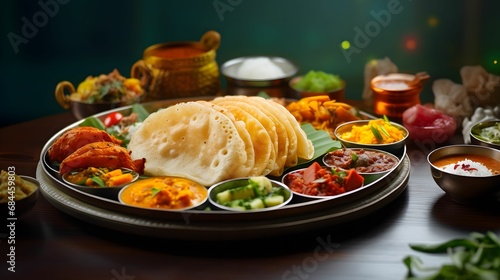 Group of South Indian food like Masala Dosa, Uttapam, Idli/idly, Wada/vada, sambar. photo