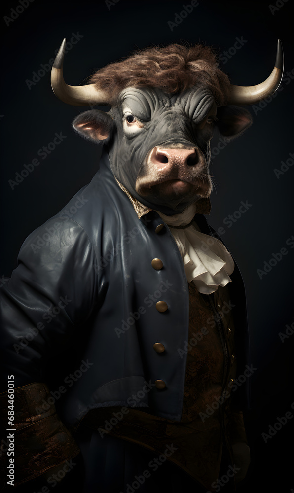 portrait of bull dressed in Victorian era clothes, confident vintage fashion portrait of an anthropomorphic animal, posing with a charismatic human attitude