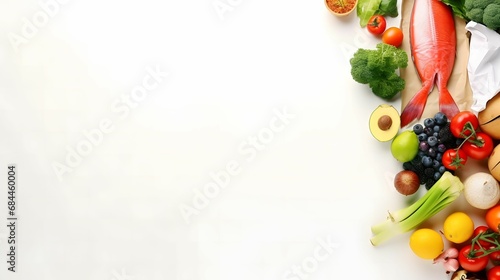 Healthy food background. Healthy food in paper bag fish, vegetables and fruits on white copy space.