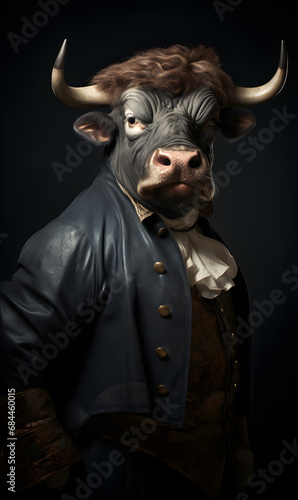 portrait of bull dressed in Victorian era clothes, confident vintage fashion portrait of an anthropomorphic animal, posing with a charismatic human attitude