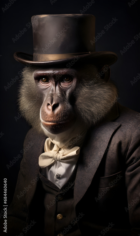 portrait of baboon dressed in Victorian era clothes, confident vintage fashion portrait of an anthropomorphic animal, posing with a charismatic human attitude portrait of baboon dressed in Victorian era clothes, confident vintage fashion portrait of an anthropomorphic animal, posing with a charismatic human attitude