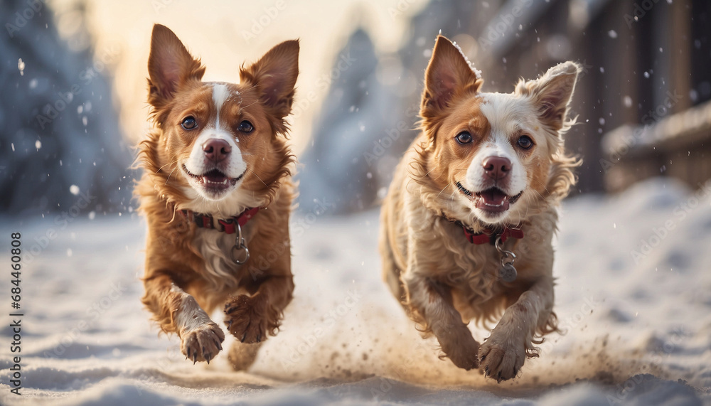 Two happy red dogs running through the snow ahead on winter sunny day, couple of pets walking outdoor in snowy forest