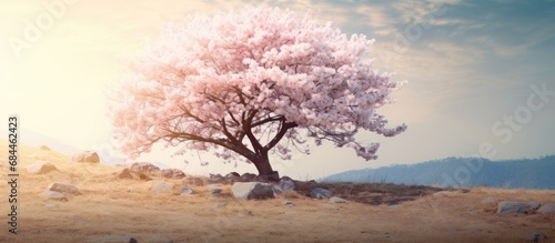 In South Korea, during the Cherry Blossom Festival in , a magnificent white cherry blossom tree blooms, showcasing the beauty of spring flowers.
