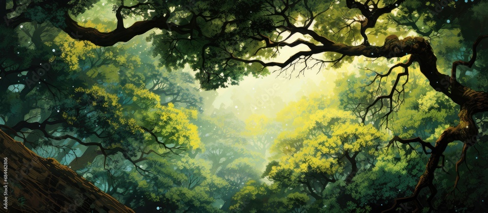 In the heart of the lush forest, a majestic tree reached towards the vibrant, green canopy, its textured bark an intricate mosaic of wood, as the sun gently illuminated each bright leaf, revealing In the heart of the lush forest, a majestic tree reached towards the vibrant, green canopy, its textured bark an intricate mosaic of wood, as the sun gently illuminated each bright leaf, revealing