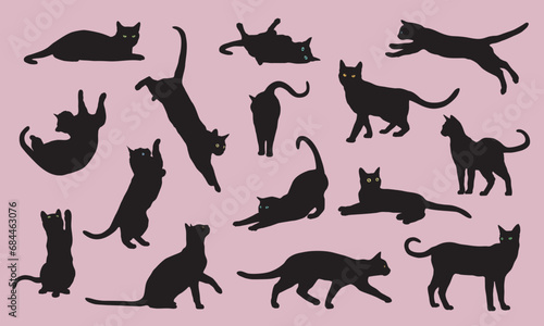 Black cats in various poses isolated on background. Cats sitting, standing, resting, playing. Cat symbol shape.