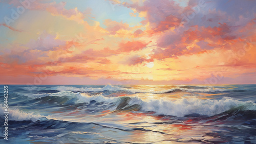 Oil painting of the sea multicolored sunset with calm waves