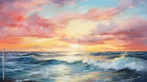 Oil painting of the sea multicolored sunset with beautiful sky © BornHappy