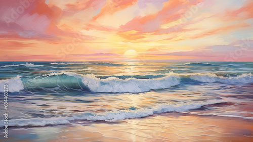 Oil painting of the sea multicolored cloudy sunset photo