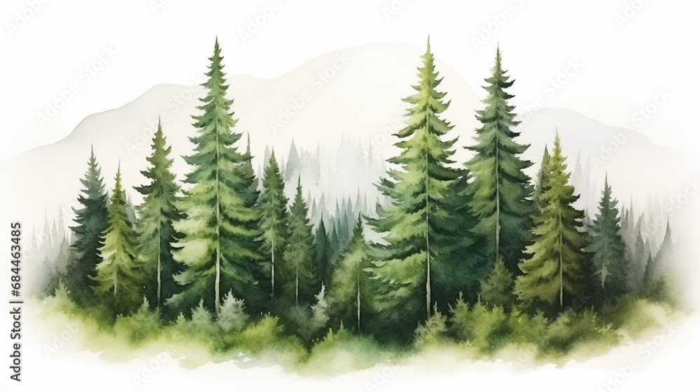 Watercolor Forest tree illustration mountain landscape outdoor