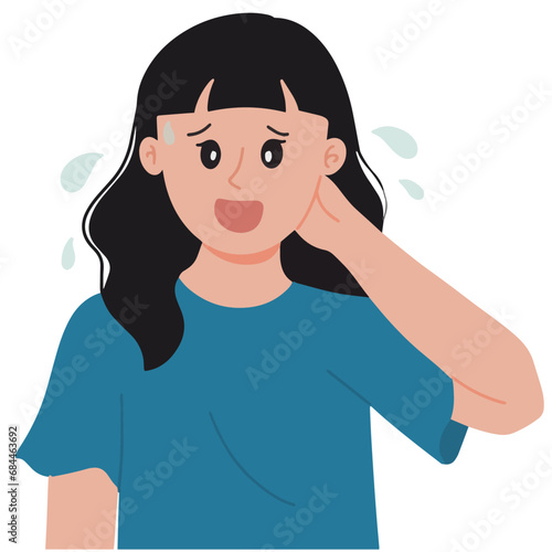 Illustration of woman with hand on her back head feeling guilty and innocent smiling hand drawing
