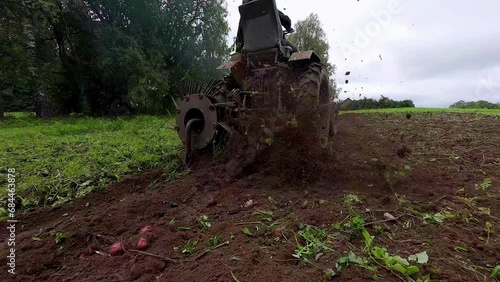 Slow-motion clip of a tractor excavated potato from the field for the further processing  photo