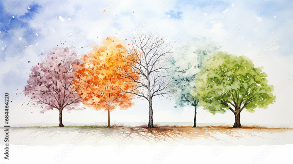 Watercolor landscape of series Tree in different sea coast Watercolor landscape of series Tree in different sea coast