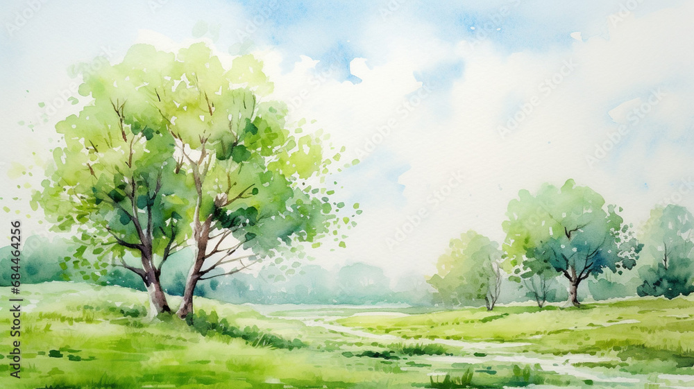 Fototapeta premium watercolor landscape with trees spring landscape