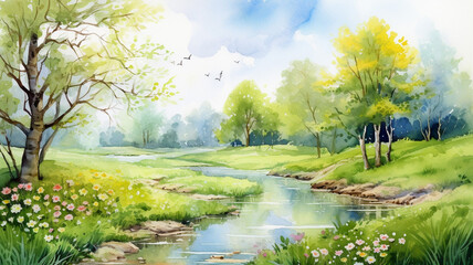 Acrylglasbilder Pistache watercolor drawing summer landscape spring landscape texture  © BornHappy