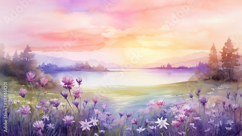 Watercolor beautiful rural landscape with sunrise light