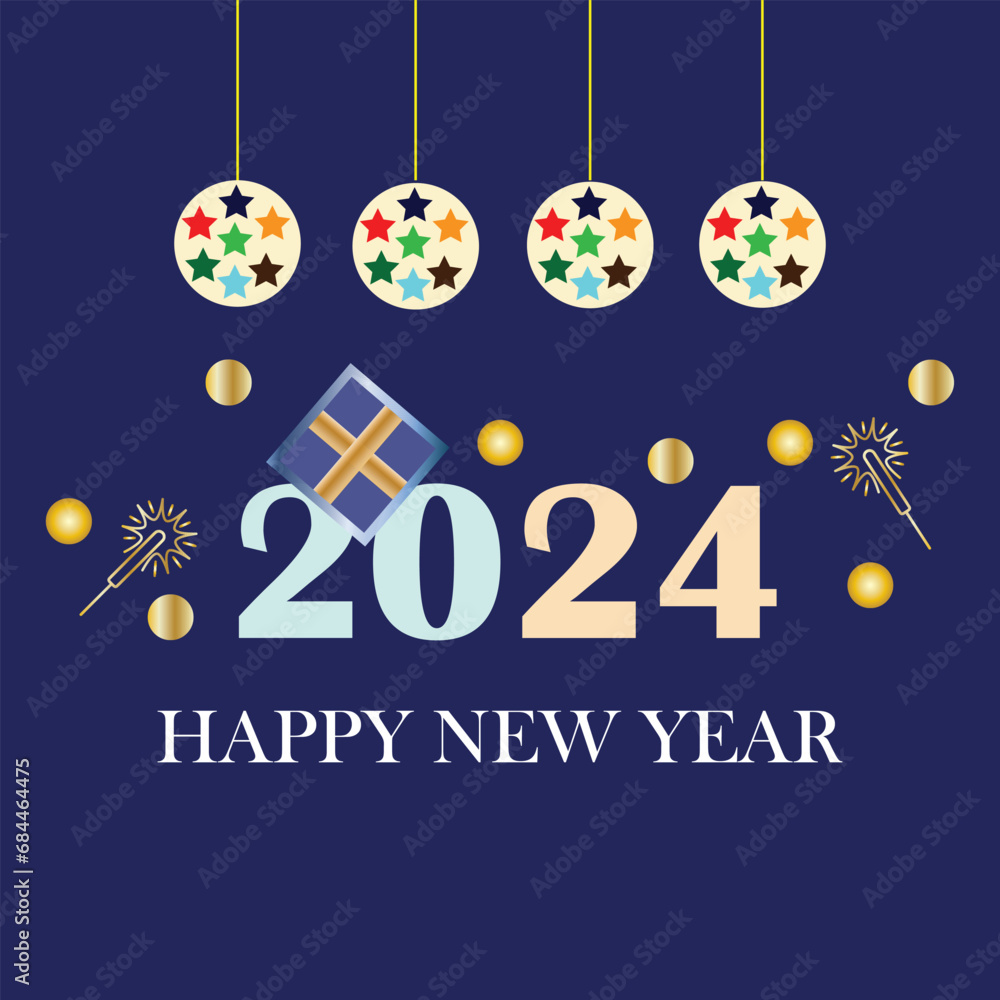 Naklejka premium happy new year 2024 wishes background with hanging ball vector.patry card,banner,poster etc.