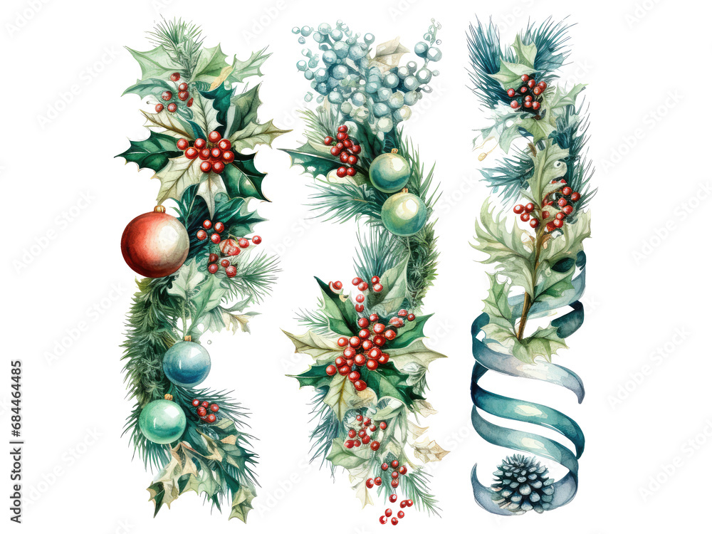 Watercolor flowers illustrations Christmas decorations clip art